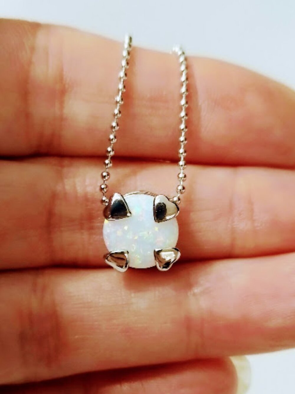 White Opal Necklace 925 Sterling Silver and Rhodium Plated | Ball Chain Love